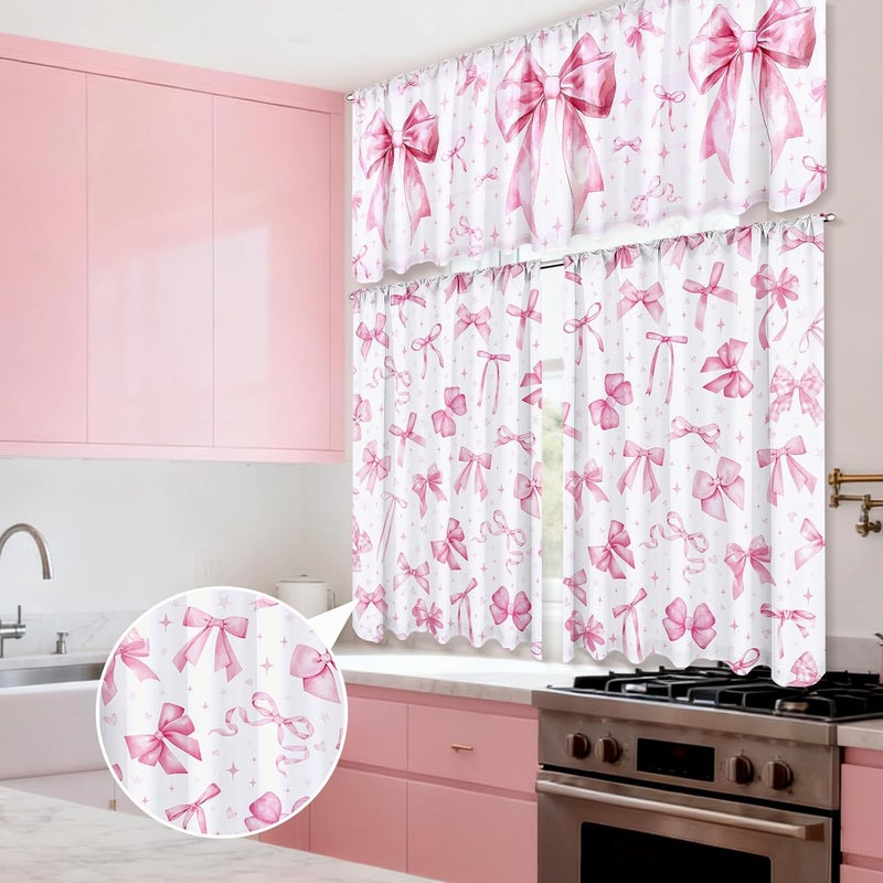 Breling 3 Pcs Pink Bow Kitchen Curtains Valances and Tiers Set for Windows Pink Bow Knot Coquette Decor Short Curtain Set for Bedroom Window Treatment Decor Wedding Party Favor Supplies - Image 5